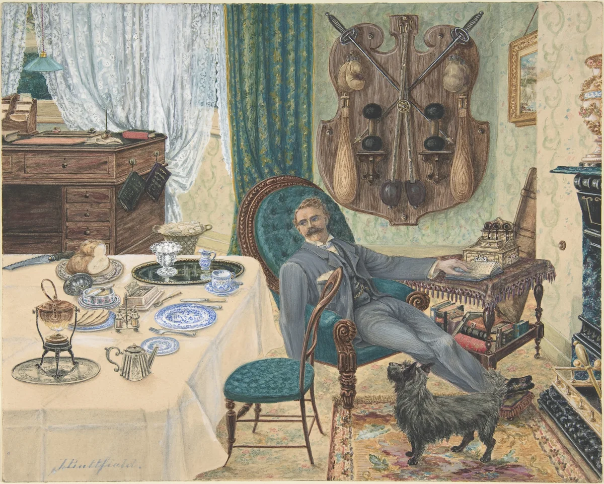 A Bachelor in His Study (The Sportsman's Breakfast) by J. Buttfield, drawing, 1850-1900