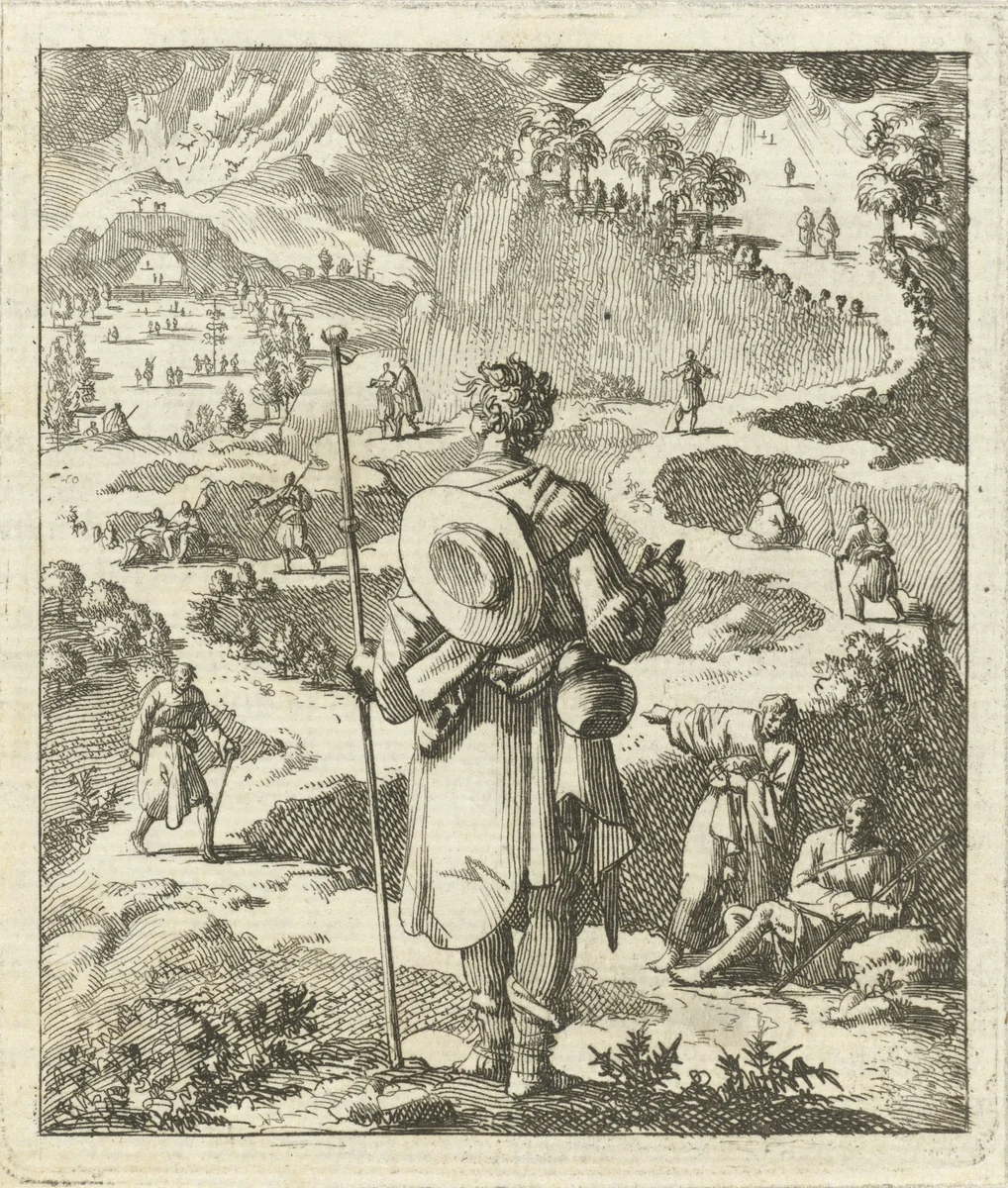 Pelgrim staat voor de keuze de smalle of brede weg te kiezen by Jan Luyken, print, 1689