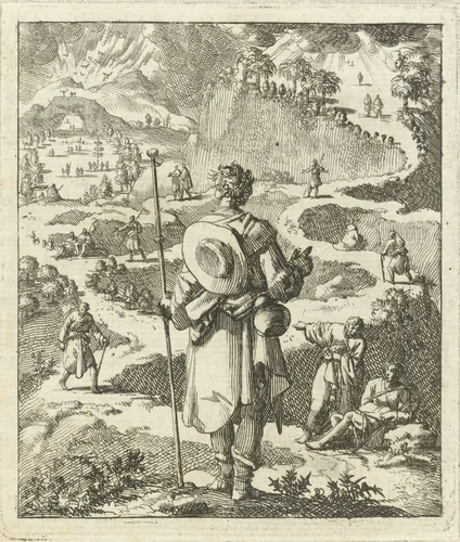 Pelgrim staat voor de keuze de smalle of brede weg te kiezen by Jan Luyken, print, 1689