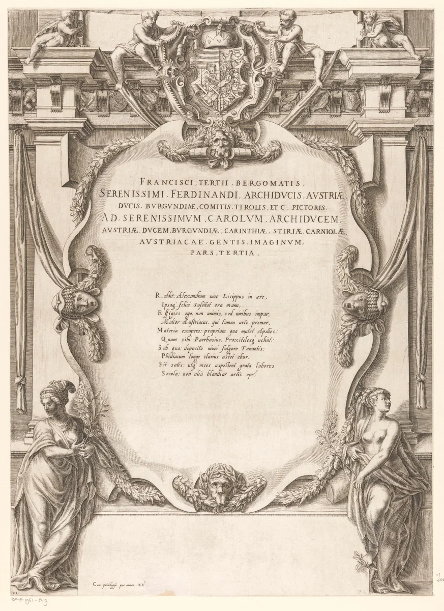 Titelprent met tekst, allegorische figuren, wapenschild, guirlandes, ornamentkoppen en putti by Gaspare Oselli, print, 1569