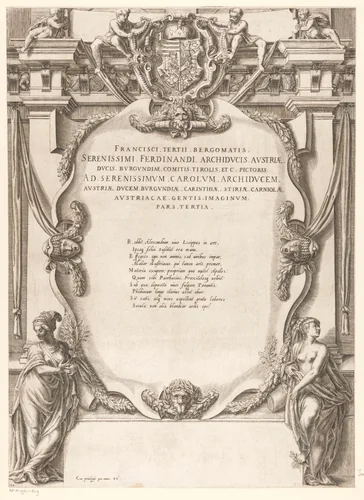 Titelprent met tekst, allegorische figuren, wapenschild, guirlandes, ornamentkoppen en putti by Gaspare Oselli, print, 1569