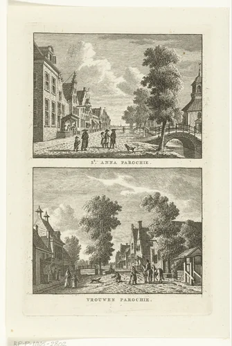 Twee dorpsgezichten te Sint Annaparochie en Vrouwenparochie by Carel Frederik Bendorp, print, 1786-1792