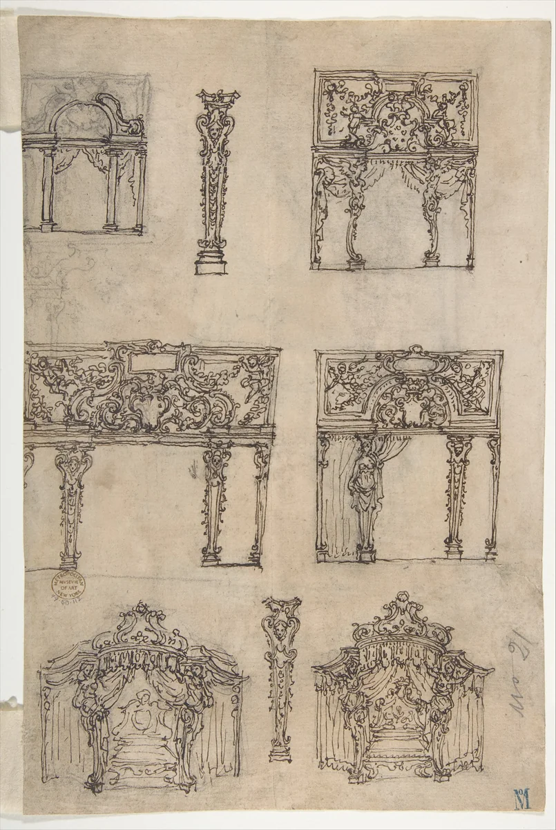 Designs for Archways and Baldachins with Caryatids and Coats of Arms (recto); Design for a Monument with Statues of Prudence and Fortitude (verso) by Giovanni Battista Foggini, drawing, 1652-1725