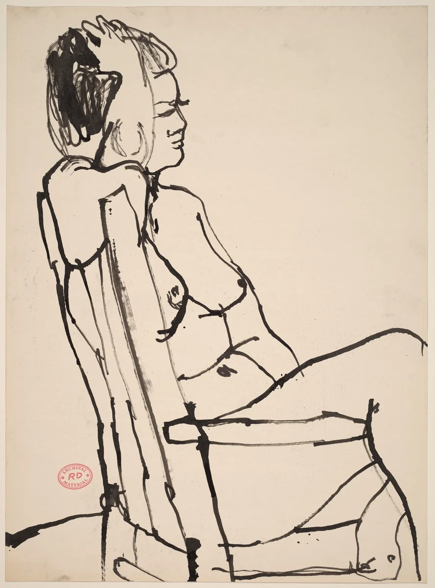 Untitled [side view of a nude seated with her leg over chair arm] by Richard Diebenkorn, drawing, 1955-1967
