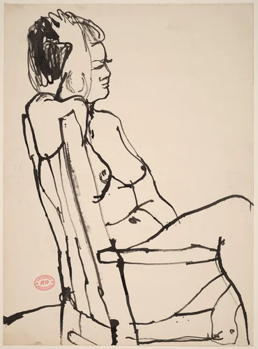 Untitled [side view of a nude seated with her leg over chair arm] by Richard Diebenkorn, drawing, 1955-1967