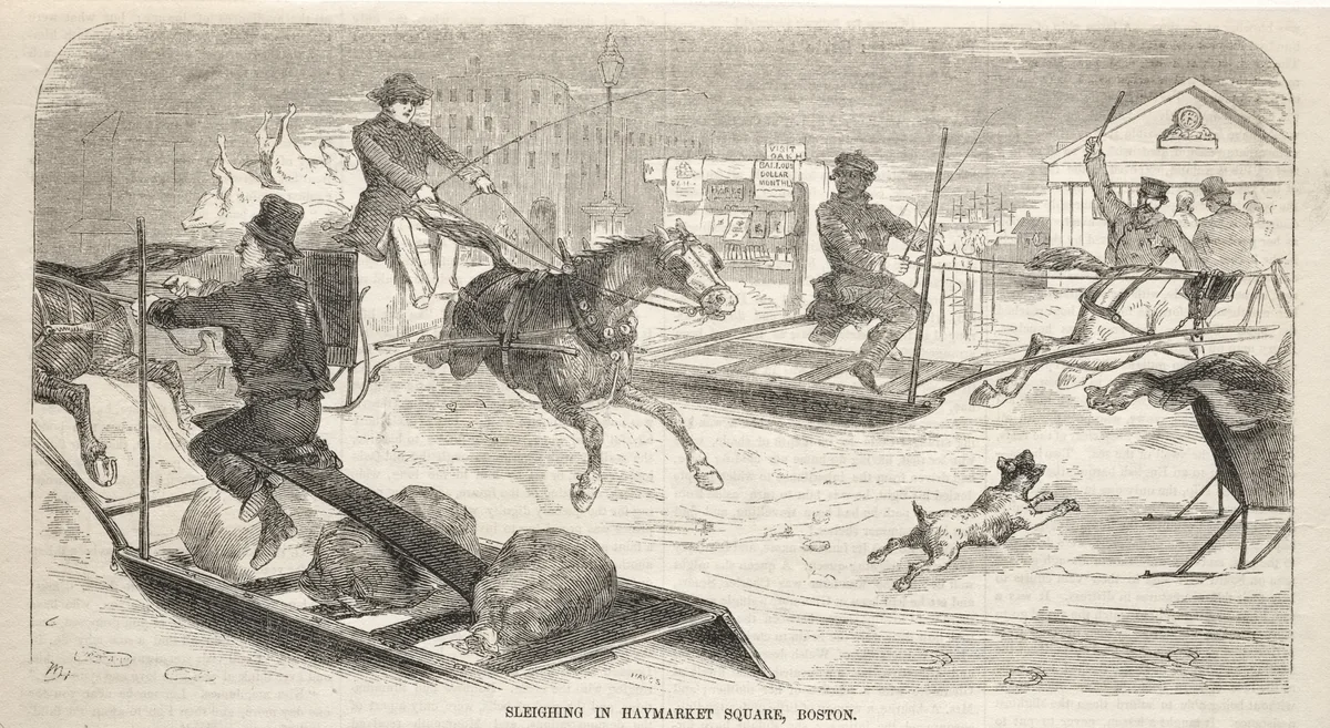 Sleighing in Haymarket Square, Boston by Winslow Homer, print, 1859