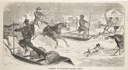 Sleighing in Haymarket Square, Boston by Winslow Homer, print, 1859