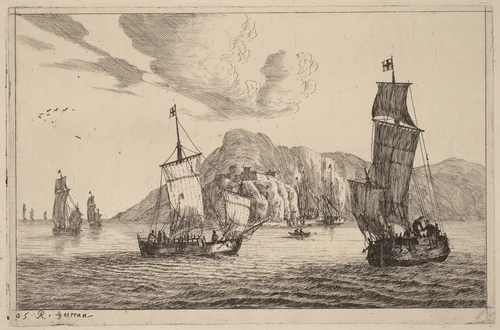 Harbor Scene with Mountainous Background by Reinier Nooms, print, 1656