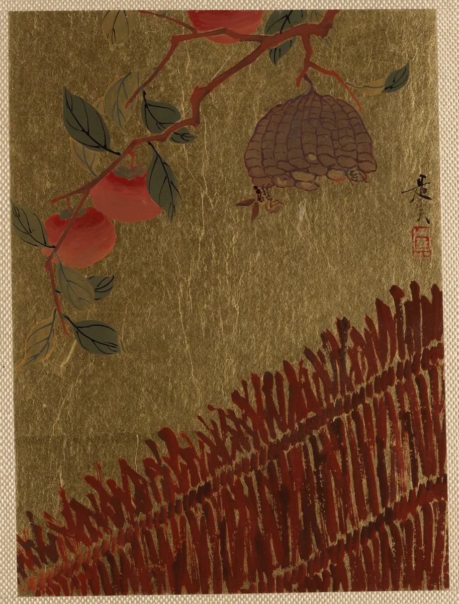 Persimmons Branch and Wasp Nest above a Hedge by Shibata Zeshin (柴田是真), painting, 1807-1868