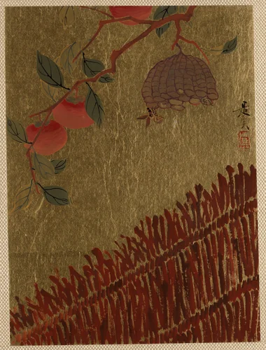 Persimmons Branch and Wasp Nest above a Hedge by Shibata Zeshin (柴田是真), painting, 1807-1868