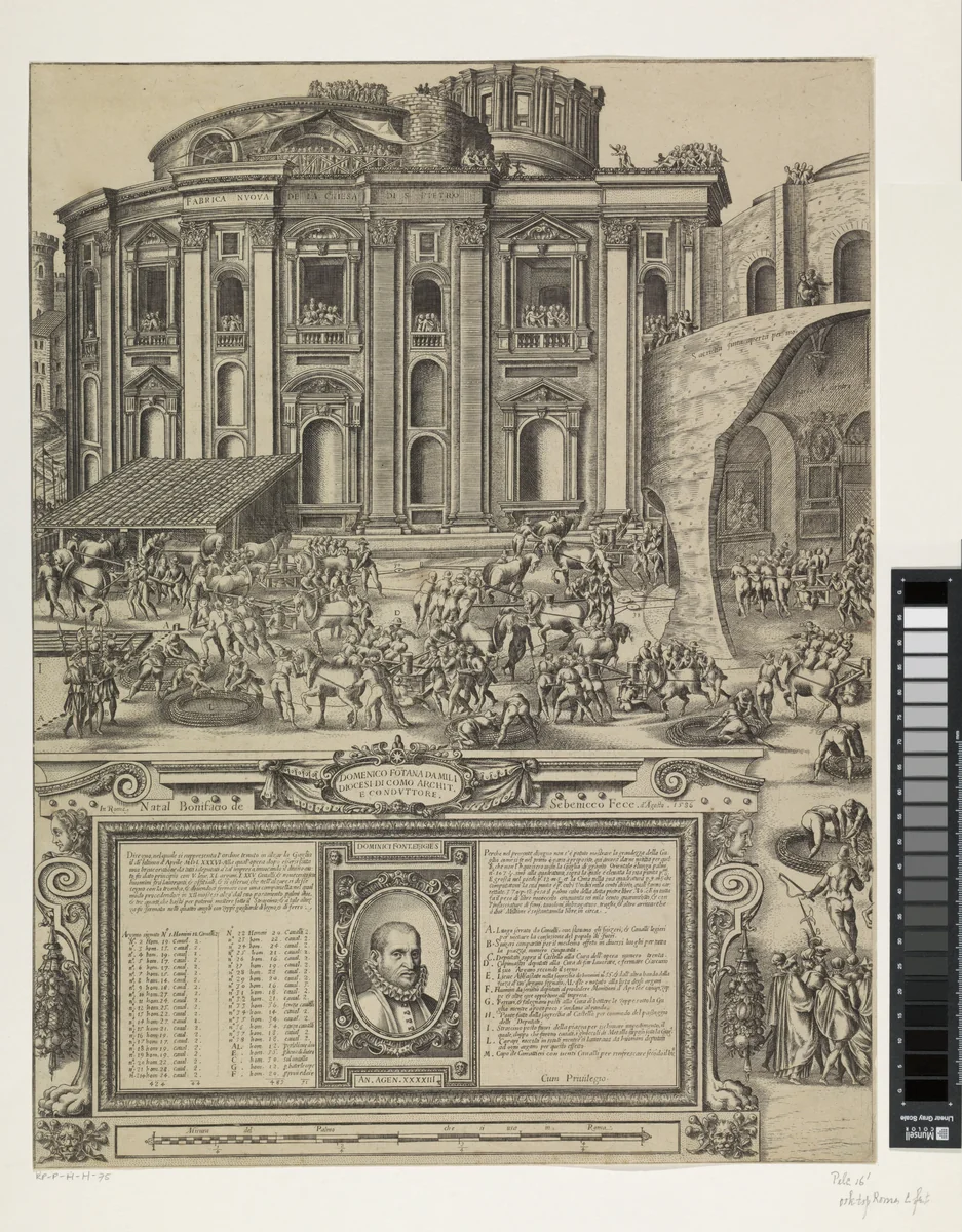 Het oprichten van de obelisk op het St. Pietersplein by Unknown, print, 1586