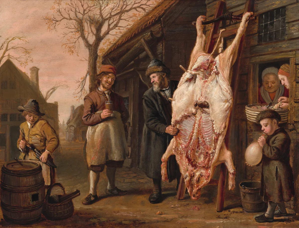 The Slaughtered Hog by Jan Victors, painting, 1653