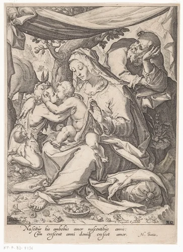 Heilige Familie met Johannes de Doper by Zacharias Dolendo, print, 1596