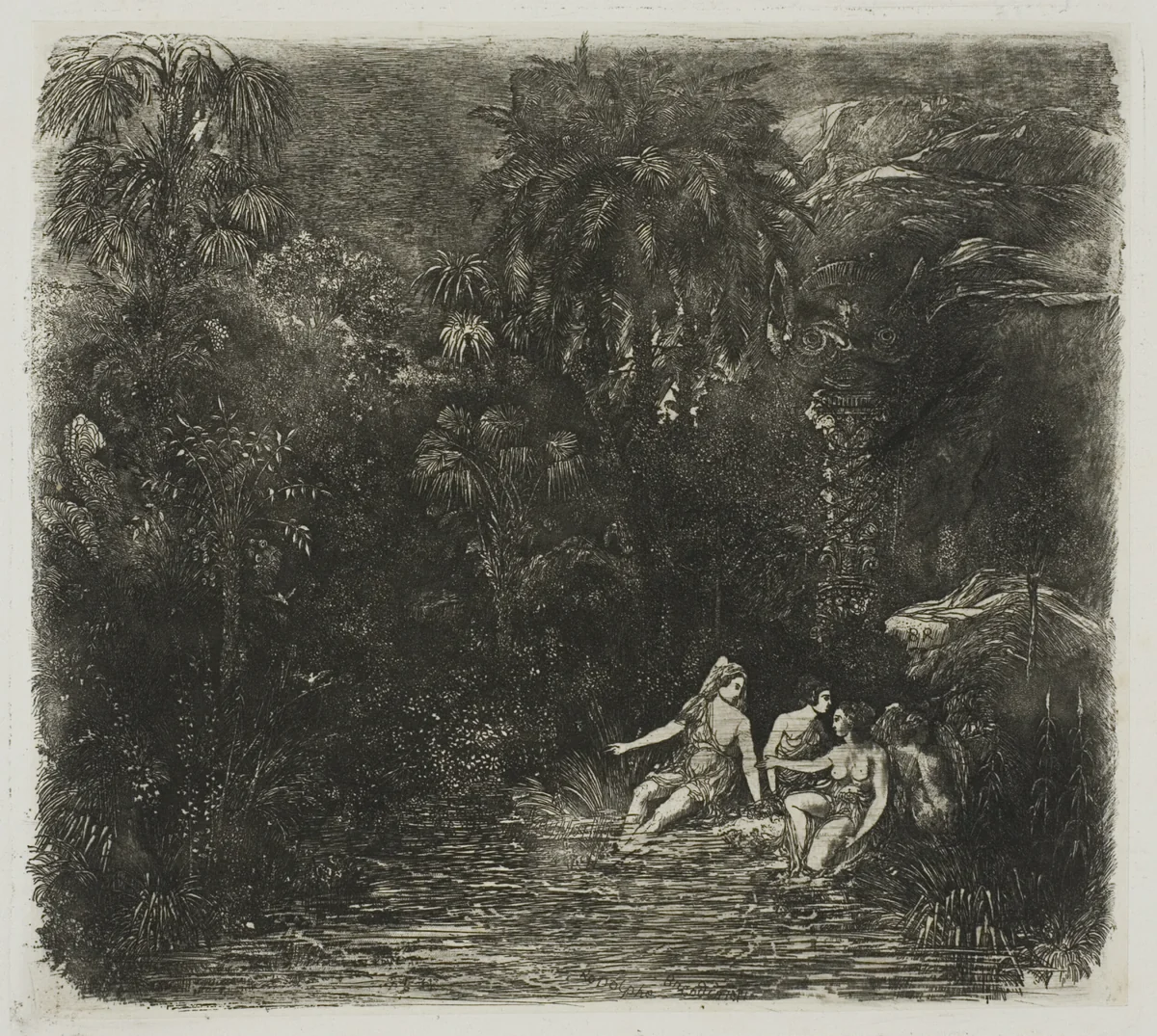 The Bathers beneath the Palms by Rodolphe Bresdin, print, 1871