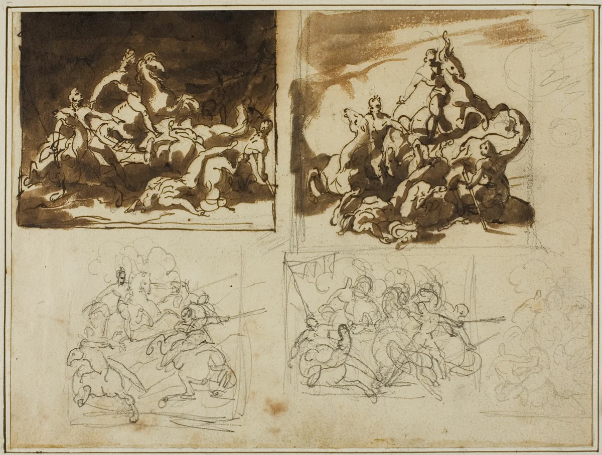 Five Sketches for a Cavalry Battle by Jean Louis André Théodore Géricault, drawing, 1813-1814