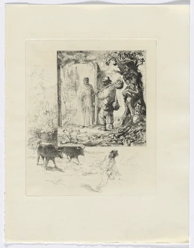Frédéric Mistral: Mémoires et Recits by Frédéric Mistral: vagabond and monk/ landscape with cows (insert after 160) by Auguste Brouet, other, 1937