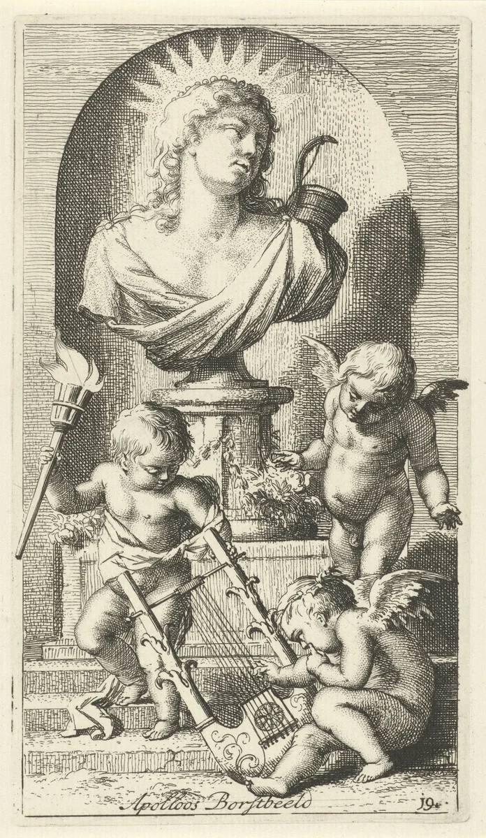 Drie putti bij een borstbeeld van Apollo by Arnold Houbraken, print, 1710-1719