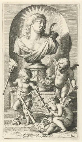 Drie putti bij een borstbeeld van Apollo by Arnold Houbraken, print, 1710-1719