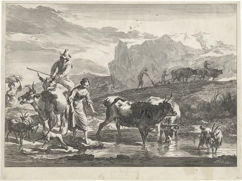 Jonge vrouw loopt over stenen door een rivier by Jan de Visscher, print, 1643-1692