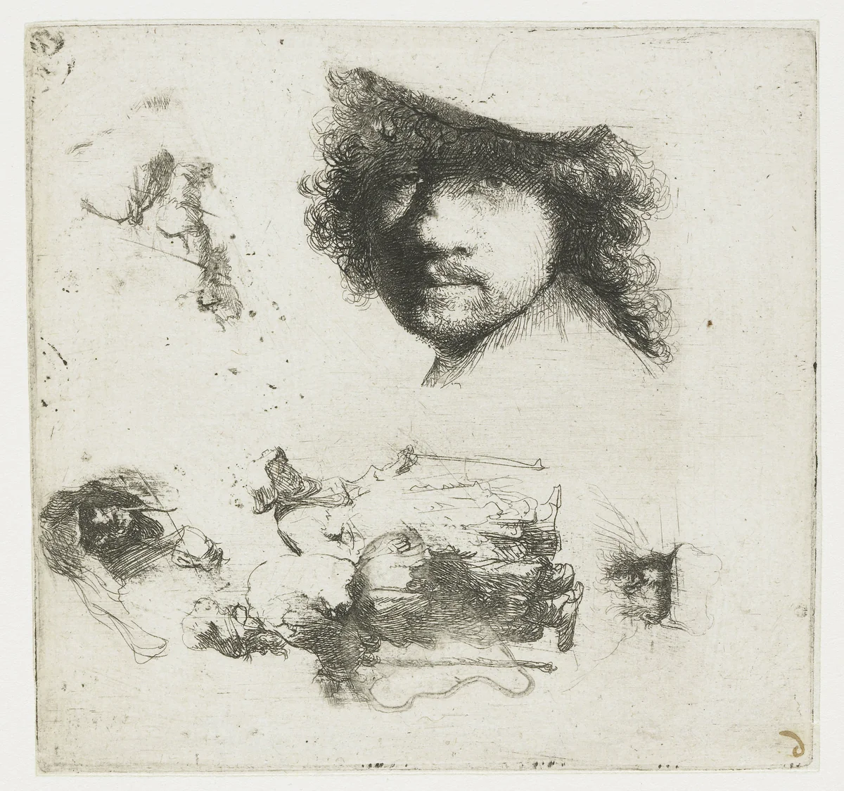Sheet of studies: head of the artist, a beggar couple, heads of an old man and old woman, etc. by Rembrandt van Rijn, print, 1632