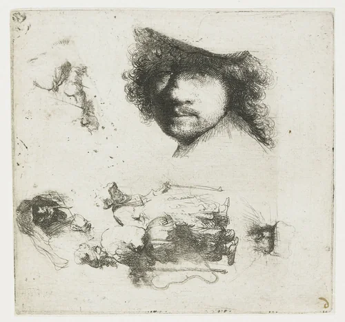 Sheet of studies: head of the artist, a beggar couple, heads of an old man and old woman, etc. by Rembrandt van Rijn, print, 1632