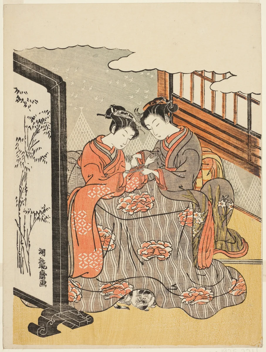 Two Young Women Playing Cat's Cradle by Isoda Koryusai, print, 1764-1774