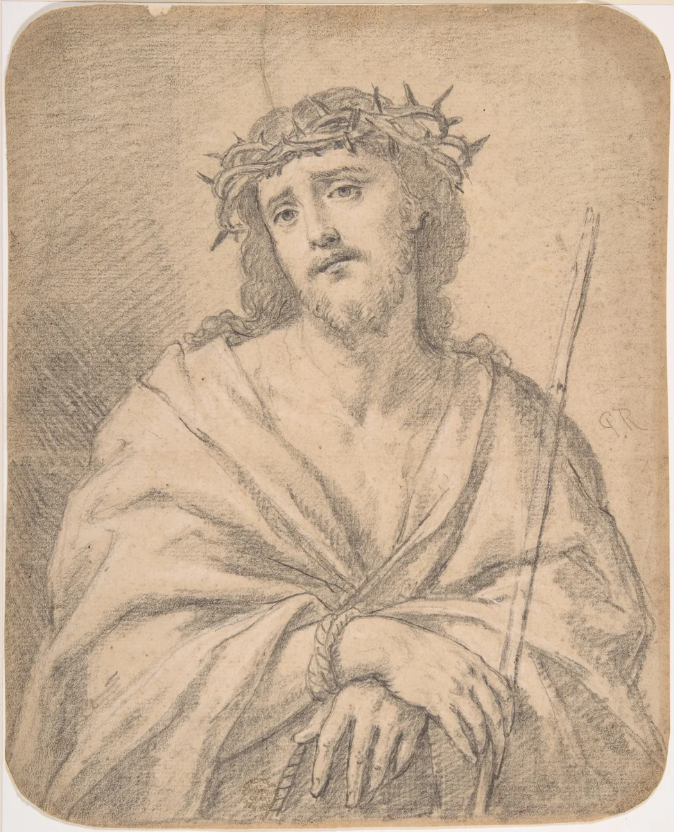Man of Sorrows, after Guido Reni (recto); Studies of arm and hands (verso) by anonymous, drawing, 1600-1700