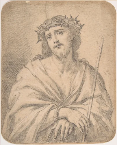 Man of Sorrows, after Guido Reni (recto); Studies of arm and hands (verso) by anonymous, drawing, 1600-1700