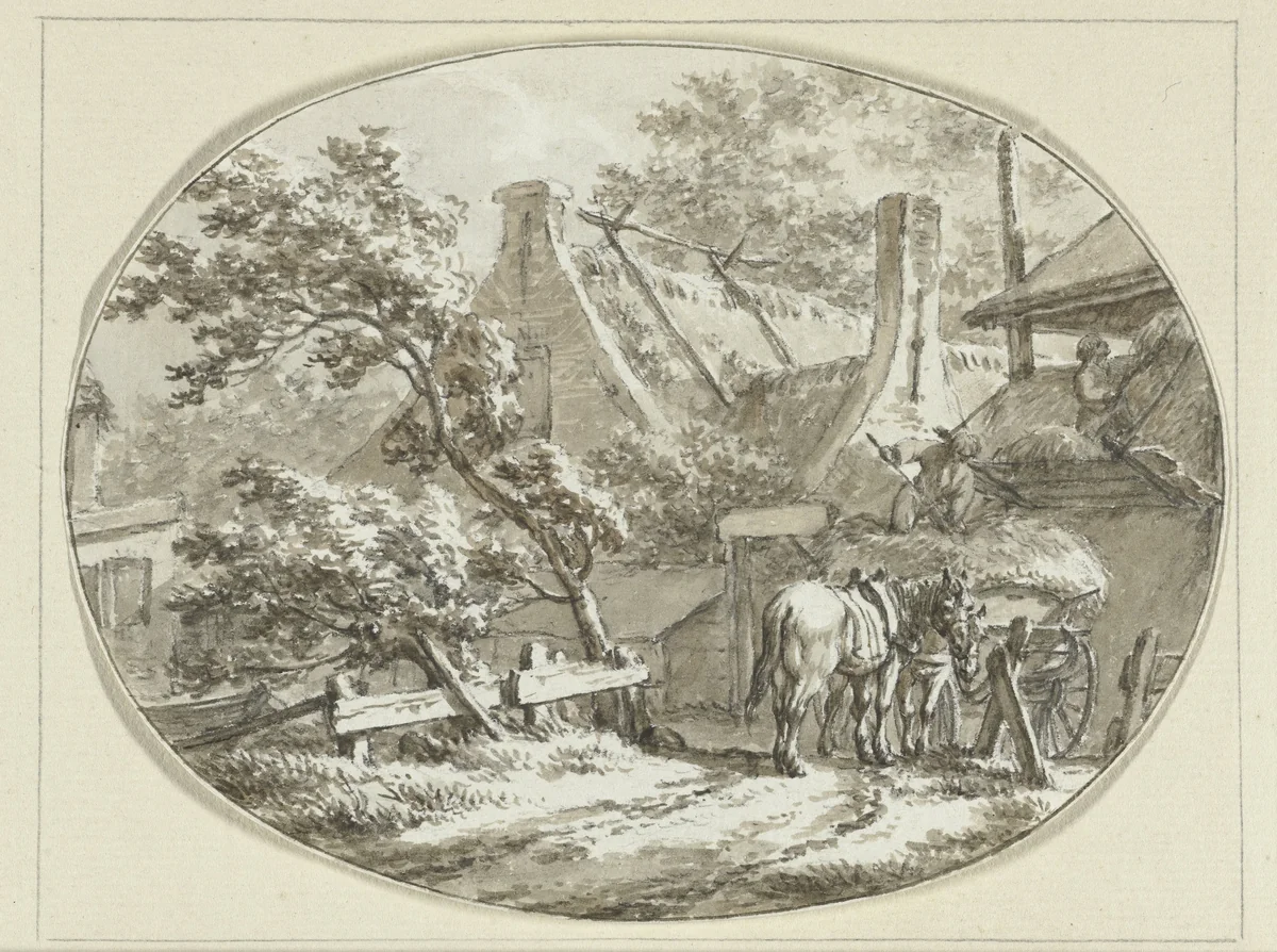 Boerenhuis met landlieden bij hooiwagen en hooiberg by Jacob Cats, drawing, 1788