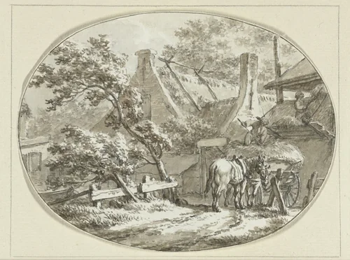 Boerenhuis met landlieden bij hooiwagen en hooiberg by Jacob Cats, drawing, 1788