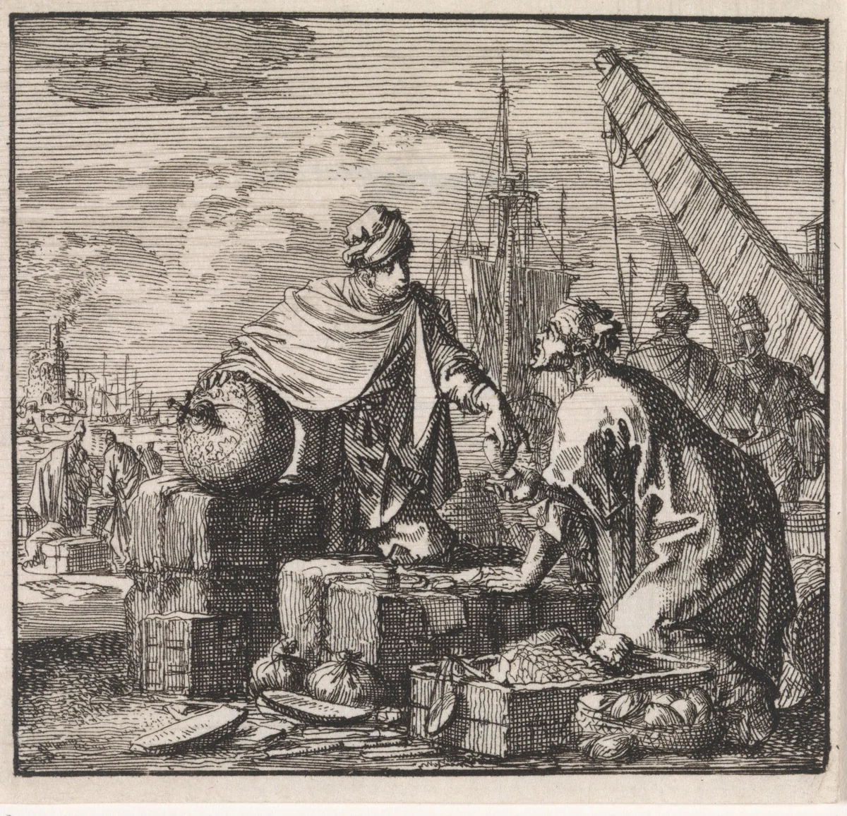 Satan verkoopt de wereld aan een man by Jan Luyken, print, 1710