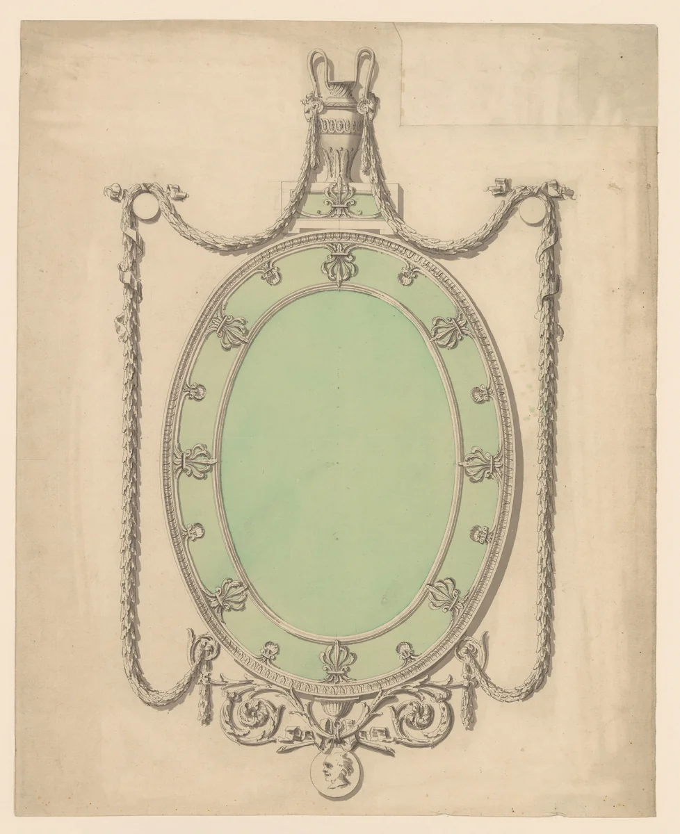 Design for an Oval Mirror, Surmounted by an Urn and Draped with Neoclassic Swags by Sir William Chambers, drawing, 1740-1796