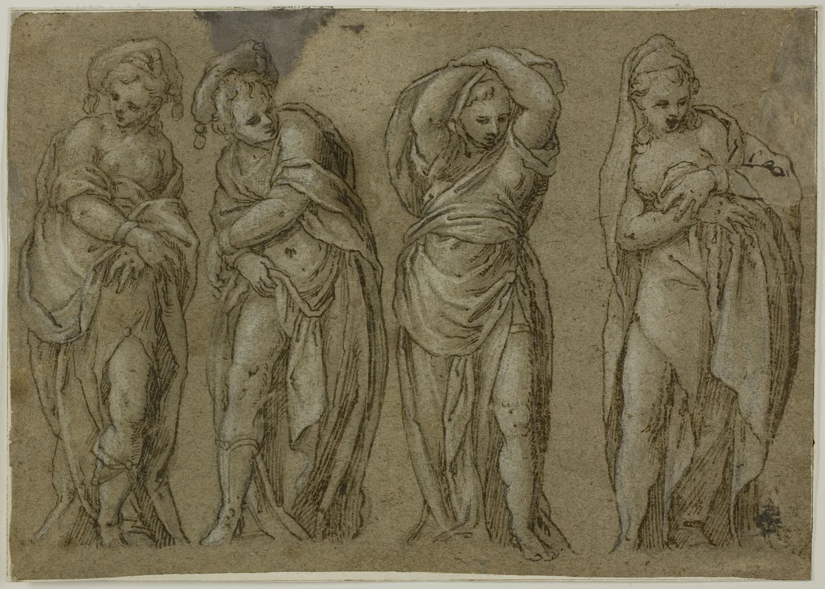 Four Standing Draped Female Figures by Paolo Farinati, drawing, 1544-1606