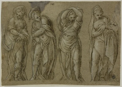 Four Standing Draped Female Figures by Paolo Farinati, drawing, 1544-1606