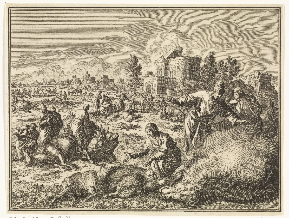 Plaag van de veepest by Jan Luyken, print, 1712