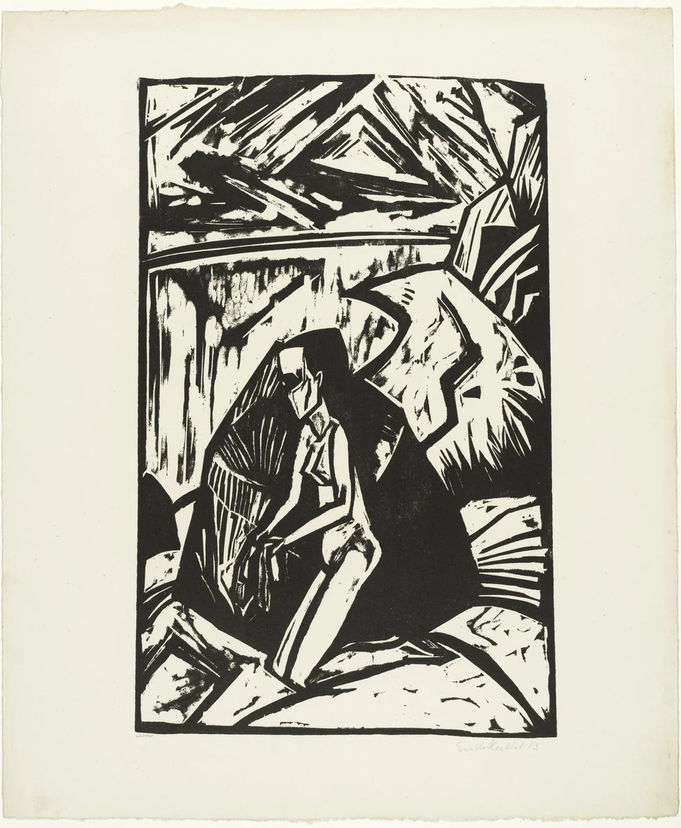 Woman Kneeling Near a Rock (Kniende am Stein) from the portfolio Eleven Woodcuts, 1912-1919 (Elf Holzschnitte, 1912-1919) by Erich Heckel, print, 1913