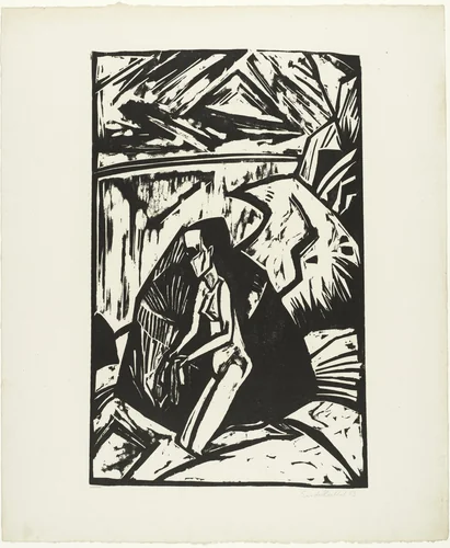 Woman Kneeling Near a Rock (Kniende am Stein) from the portfolio Eleven Woodcuts, 1912-1919 (Elf Holzschnitte, 1912-1919) by Erich Heckel, print, 1913