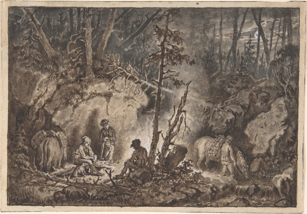 Hunters resting in a forest at night by Kilian Christoffer Zoll, drawing, 1830-1860