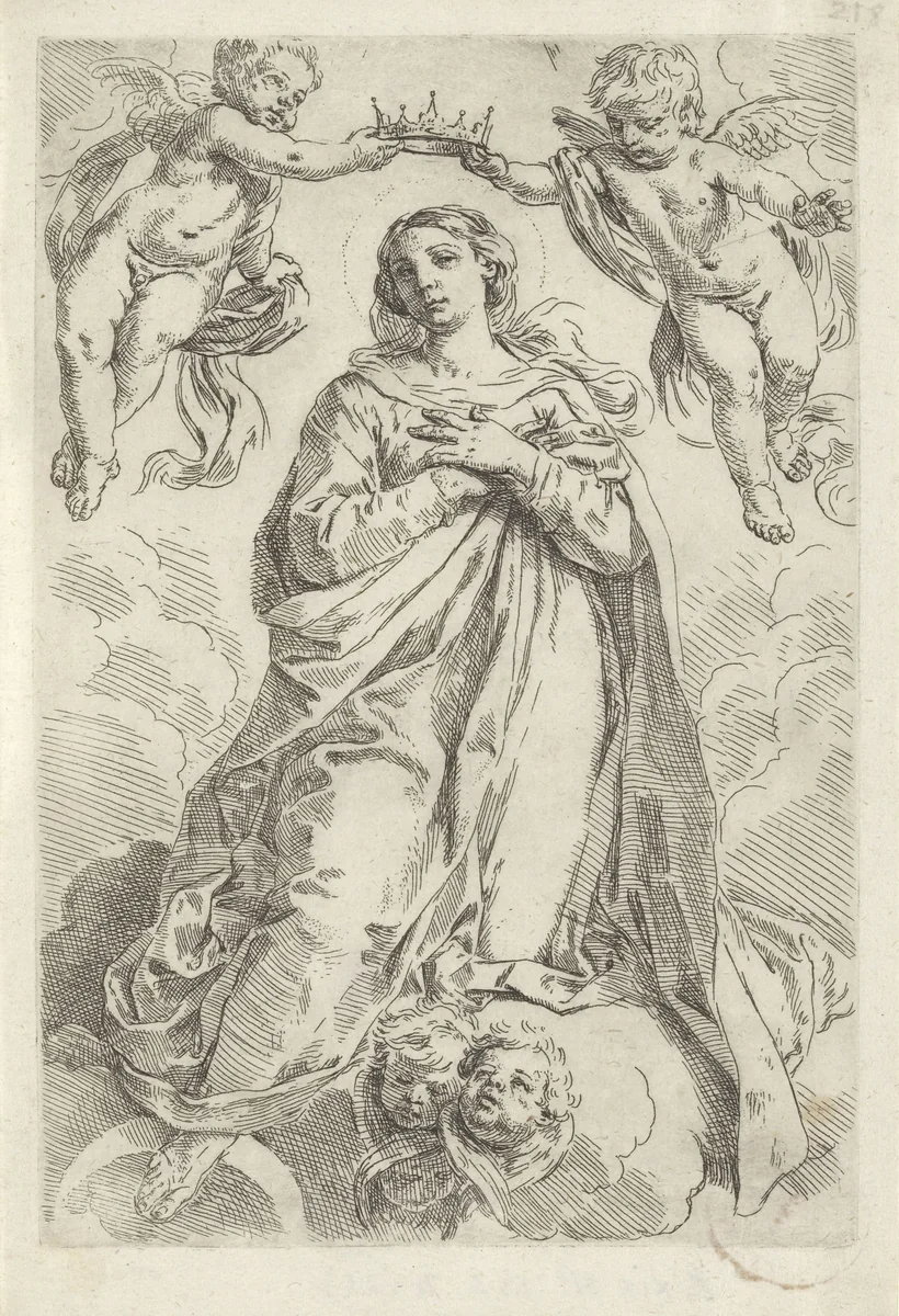 Kroning van Maria op maansikkel by Simone Cantarini, print, 1622-1648