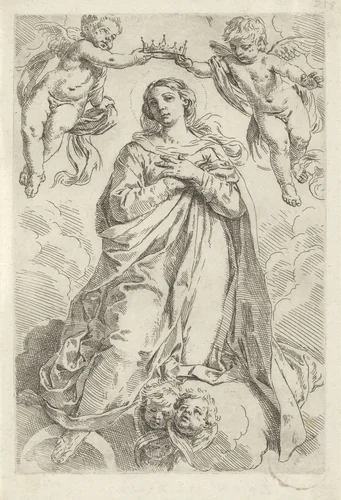 Kroning van Maria op maansikkel by Simone Cantarini, print, 1622-1648