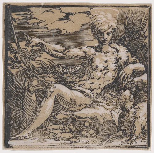 Young Saint John the Baptist in the desert, a lamb at his side by Antonio da Trento, print, 1522-1532