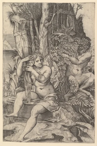 Pan spying of the nymph Syrinx who is seated on a rock, combing her hair by Marco Dente, print, 1511-1521