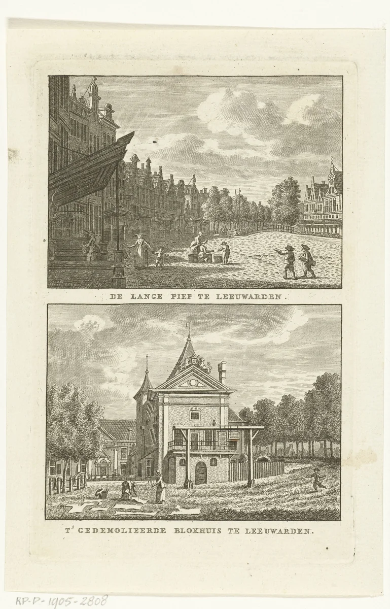 Twee stadsgezichten te Leeuwarden: Lange Piep en Blokhuis by Carel Frederik Bendorp, print, 1786-1792