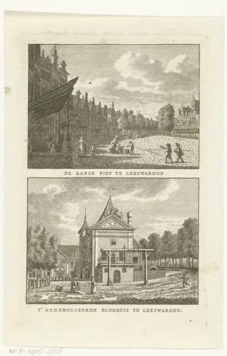 Twee stadsgezichten te Leeuwarden: Lange Piep en Blokhuis by Carel Frederik Bendorp, print, 1786-1792