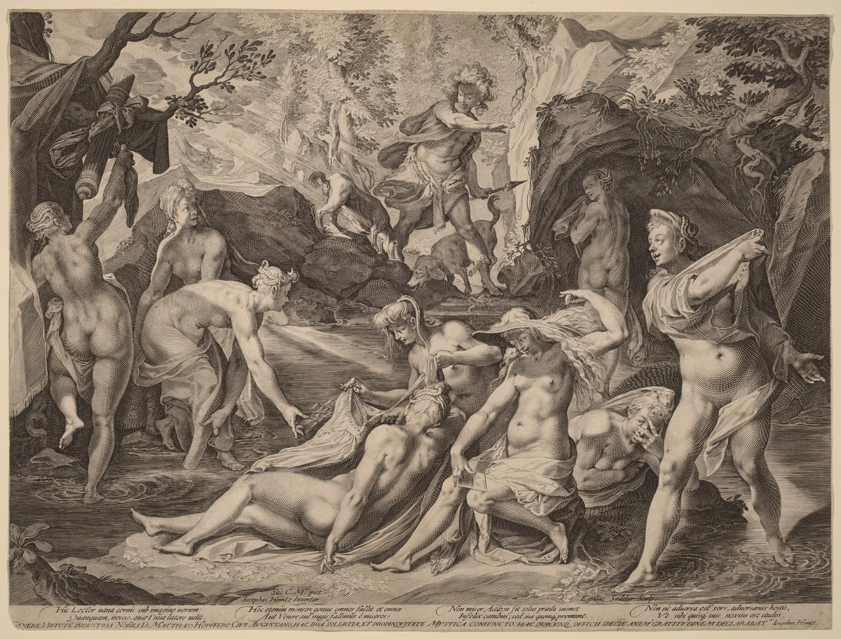 Diana Surprised by Actaeon by Aegidius Sadeler II, Joseph Heintz the Elder, print, 1570-1629