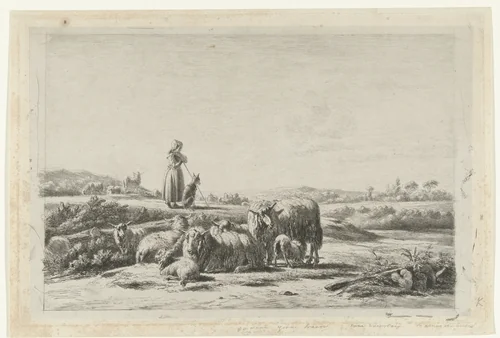 Landschap met herderin en hond bij kudde schapen by Simon van den Berg, print, 1822-1899