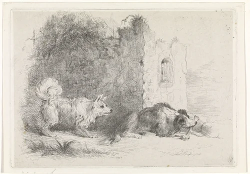 Twee honden by Jan Karel Jacob de Jonge, print, 1851