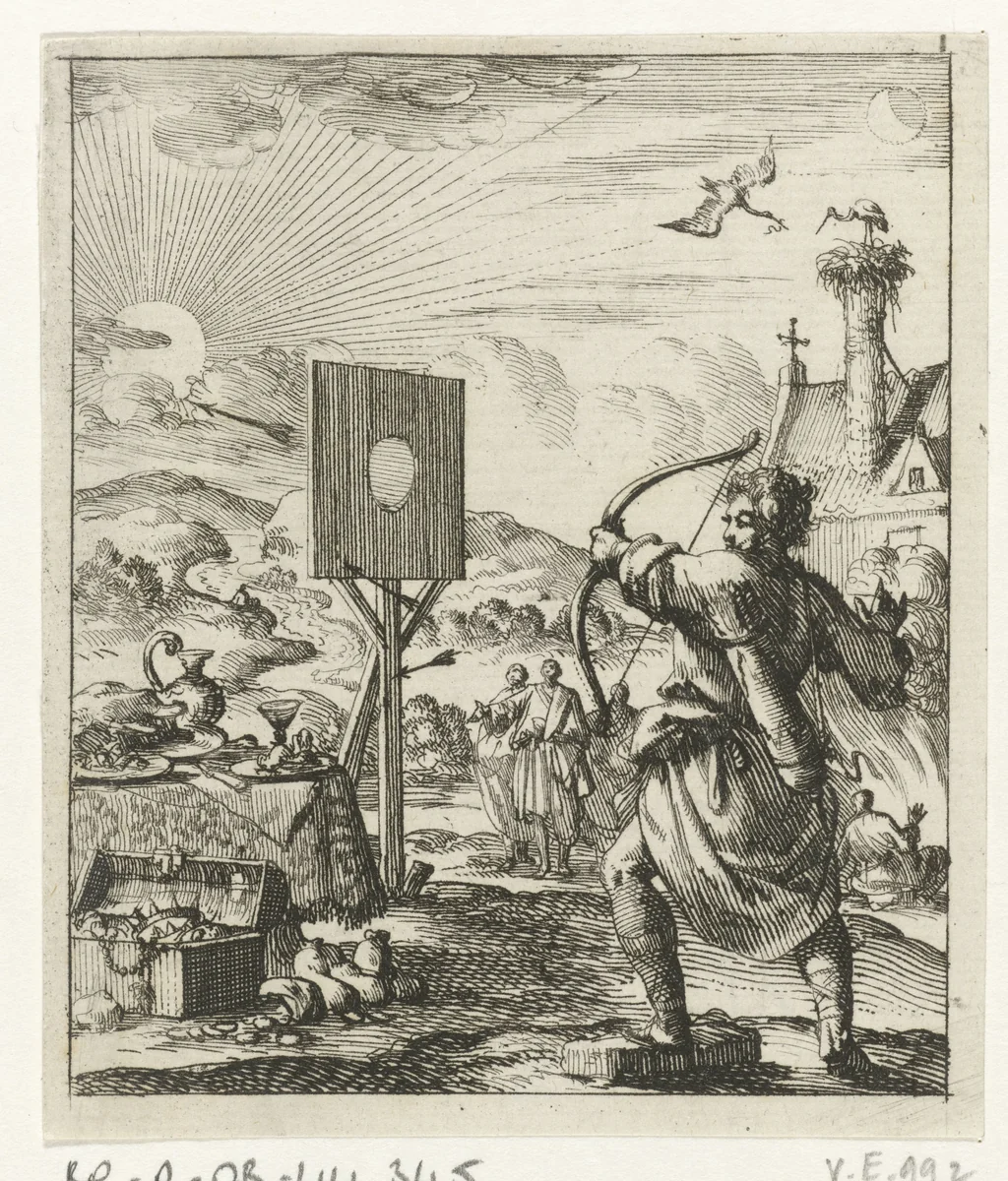 Boogschutter afgeleid tijdens het schieten by Jan Luyken, print, 1689
