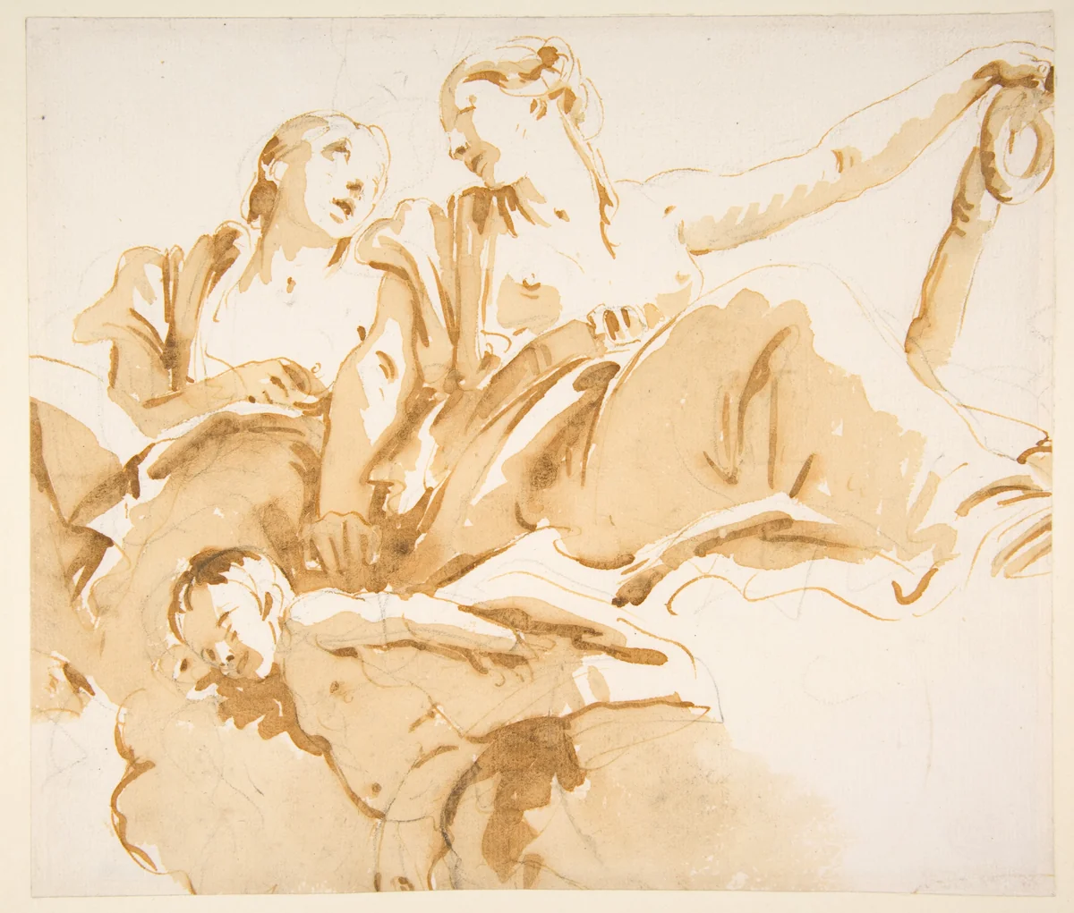 Two Women, One Holding an Anchor, and a Putto on Clouds by Giovanni Battista Tiepolo, drawing, 1696-1770