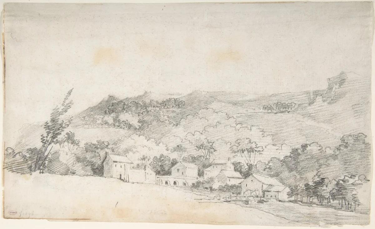 Farm Buildings with Water Mill by Jean Honoré Fragonard, drawing, 1745-1806
